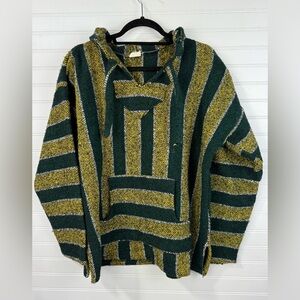 Green and Yellow Striped Men's Baja pullover style poncho Sweater. Size XL